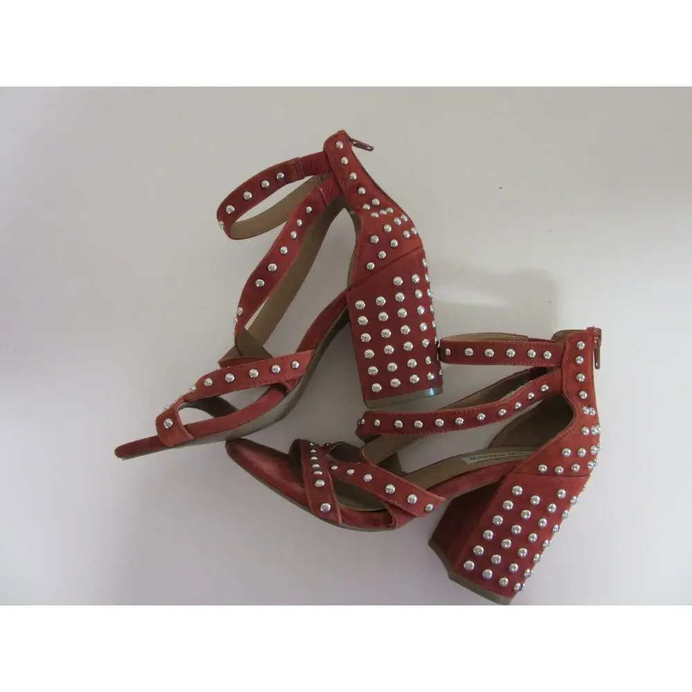 STEVE MADDEN Fara Rust Brick 7M Strappy Studded Block Heel Open Toe Sandals